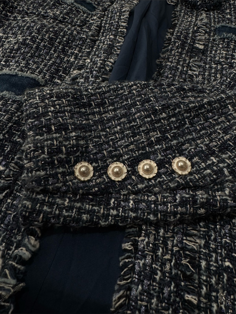 Nanette Lepore Blue‎ Tweed Jacket Women’s  Frayed Trim Metallic Blazer  Coat - Picture 9 of 9